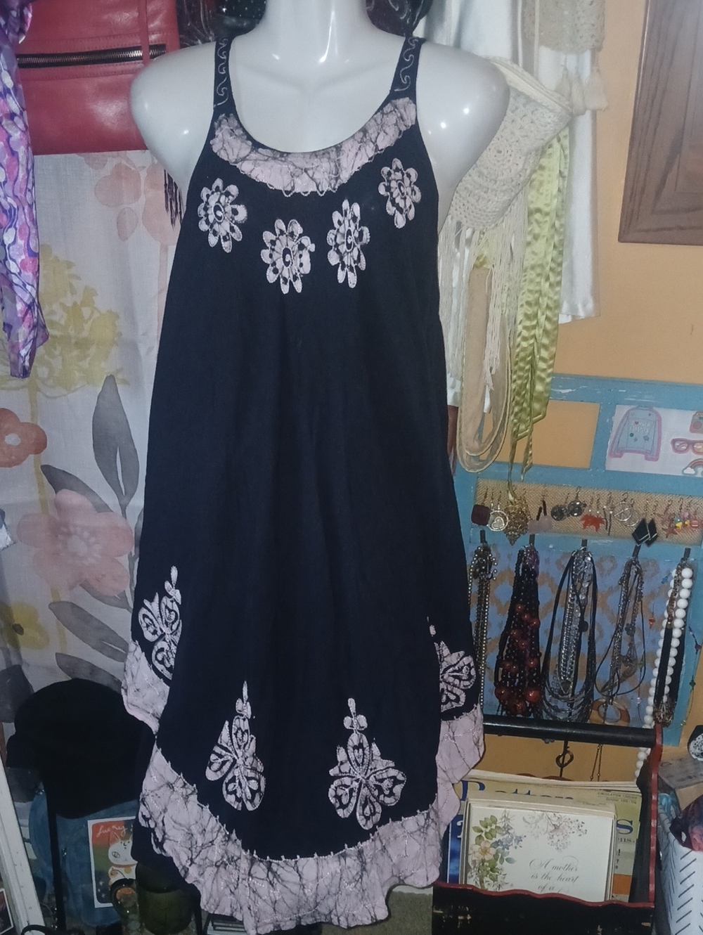 India Boutique Black Dress with Pale Pink Floral Embroidery Free Size